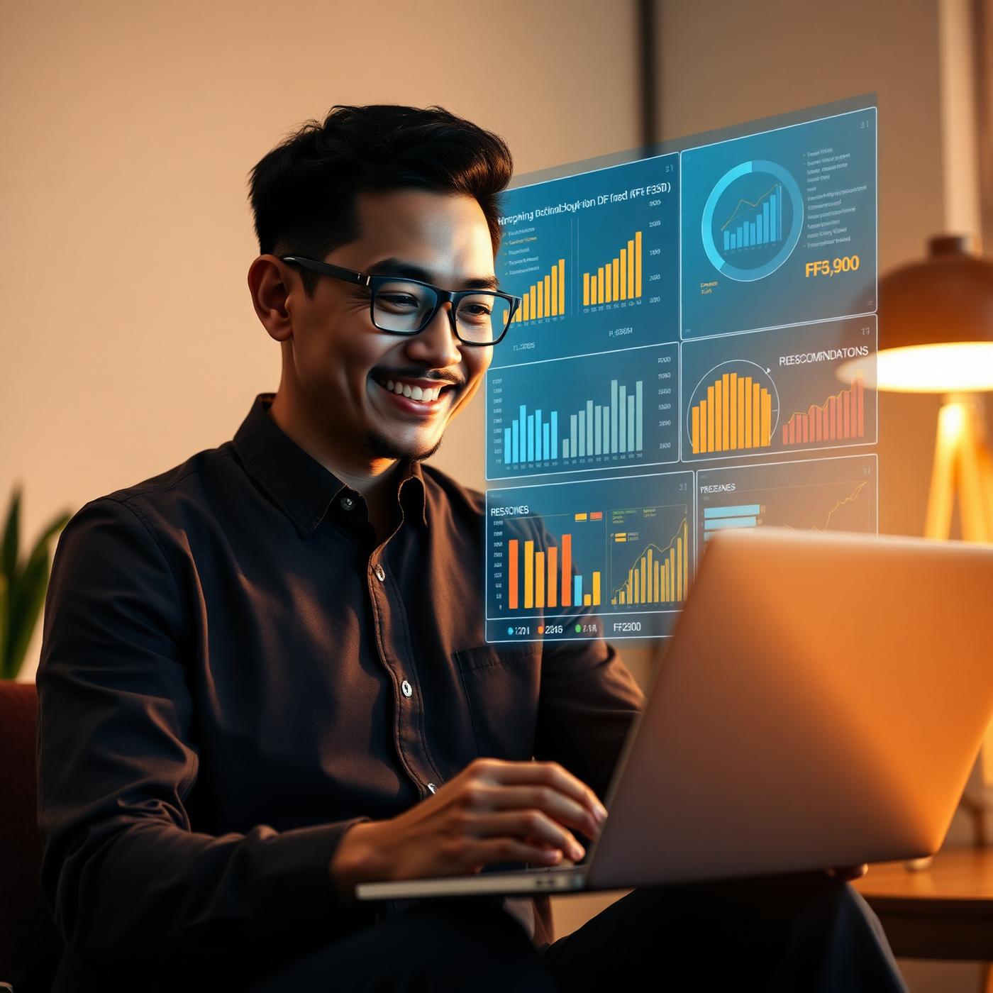 Business owner berdiskusi dengan AI advisor di laptopnya